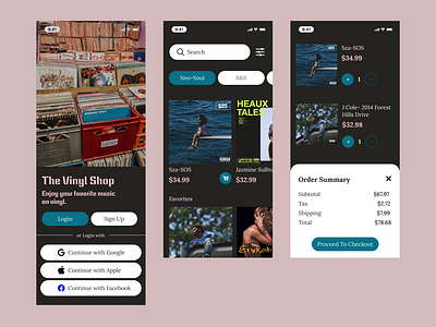 The Vinyl Shop: Modern Vinyl Store App app cart design log in mobile app records sign up typography ui ux vinyl vinyl shop