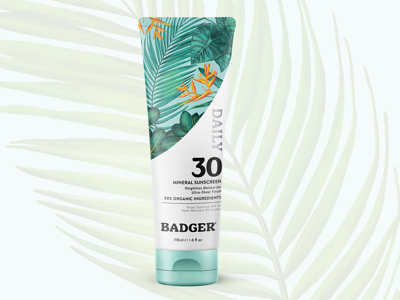 Organic Sunscreen Packaging badger beauty botanical botanical illustration cosmetic cosmetic packaging exotic hoot design studio lotion luxury organic organic lotion packaging packaging design premium product product packaging sunscreen tropical tube