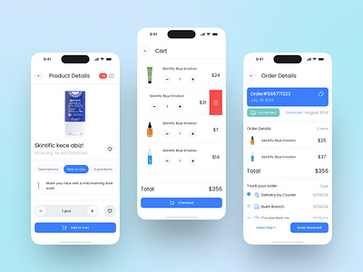 Skin Care Product App UI UX app app design beauty beauty app cart e commerce interface light minimal product shop skin care track order tracking ui ui design ux