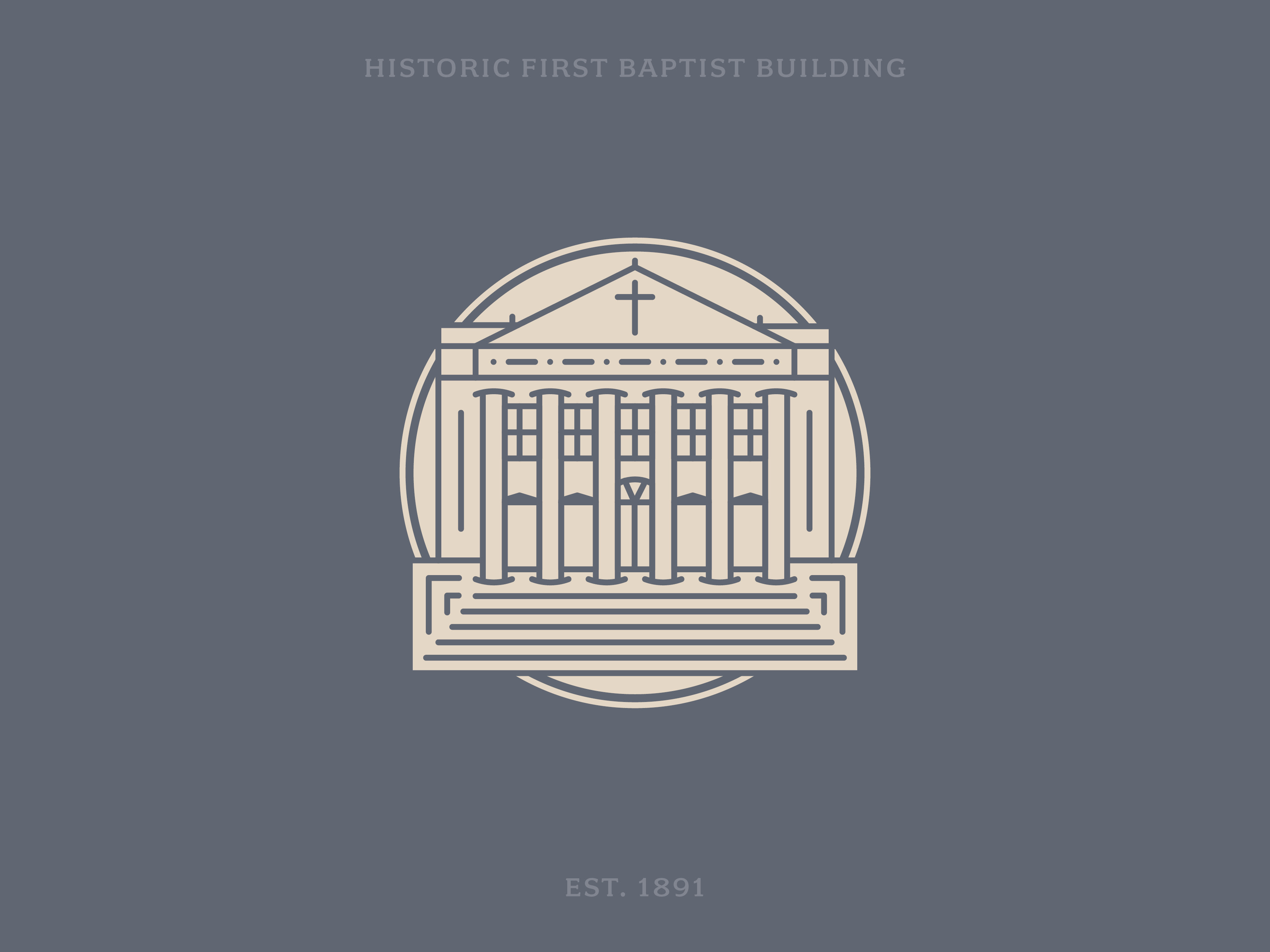 Linework illustration of a historic church building with pillars baptist branding church church branding graphic design historic illustration linework logo