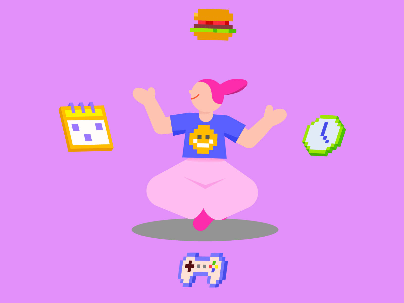 Woman achieving work-life balance 2d 360 degree rotation animation career happy hobbies illustration levitating lifestyle motion graphics pixel art productivity reaching balance rotation around its axis spin time management well being woman woman meditating work life balance