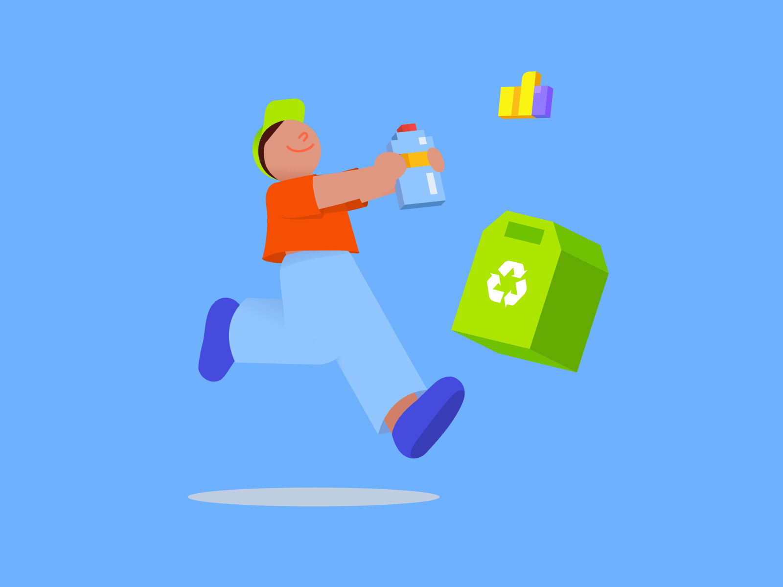 Young man bringing a bottle for recycling 2d animation character eco friendly ecological lifestyle environmental protection happy illustration levitating man motion graphics plastic recycling bin rigged in rubberhose run cycle running sustainability waste recycling