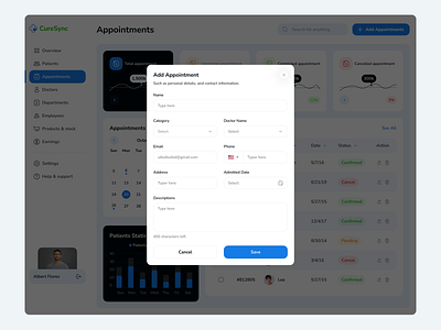 Add Appointment Page Design add appointment add patient add patient popup add popup dark mode dashboard dashboard responsive figma popup page ui ui design uiux design website design