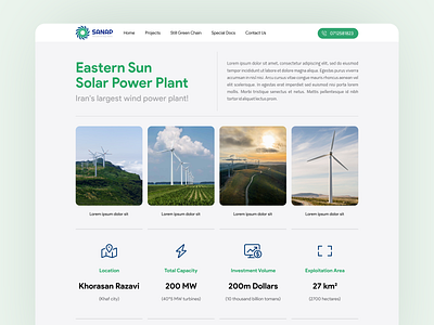 Eastern Sun Solar Power Plant Project Page clean interface design green energy minimal modern renewable energy solar power plant ui ux web design wind energy