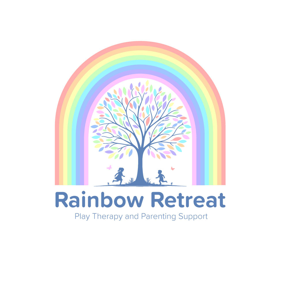 Rainbow Retreat abstract logo branding children play under tree colorful icon graphic design icon kids logo kids rainbow logo leaf logo rainbow retreat silhouette therapy colorful logo tree