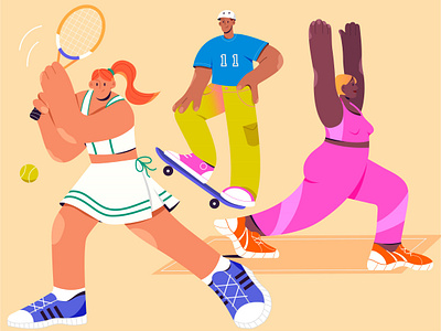 Sports branding character design commercial fitness flat girl illustration skateboard sneakers sport illustration sports tennis vector yoga