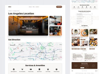 Kafiee - Coffee Shop Location Page amenities branding brown clean design coffee coffee shop desert faq footer maps services ui ux website design