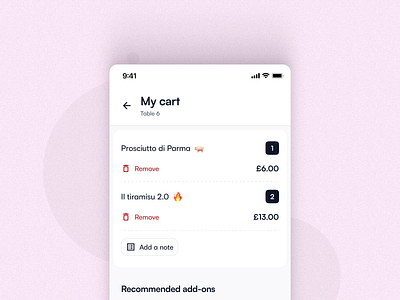 Dine-in restaurant cart design add cart clean ecommerce minimal mobile app mobile design order restaurant ui ui ux webapp