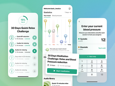 BP Buddy. UX/UI design solution for meditation impact tracking app cards design design system graph health care ios medical meditation mental mental health mood ui ui kit ux