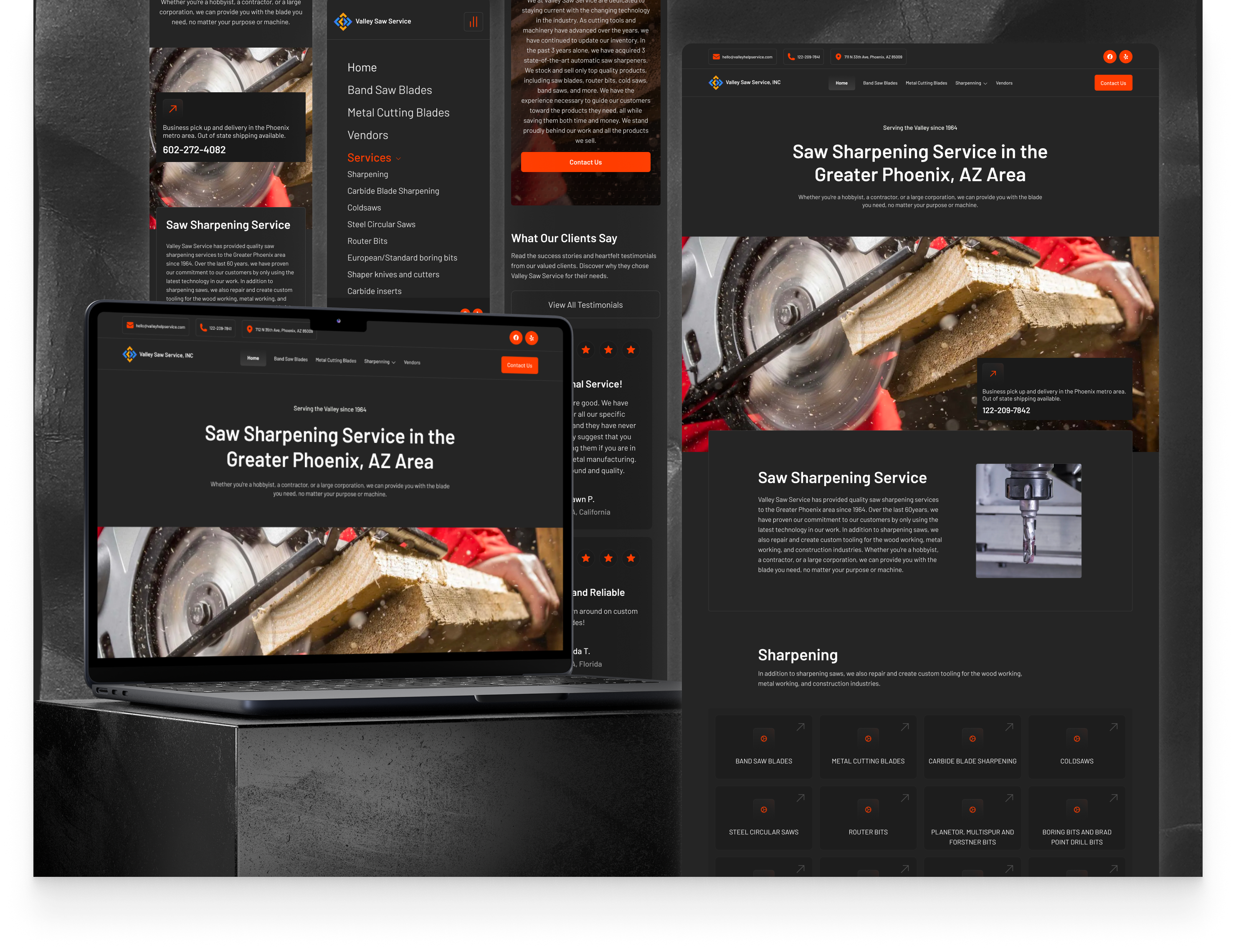 Saw Sharpening Service (concept) black blade clean dark design landing page mobile modern razor saw sharpening service ui webdesign website work