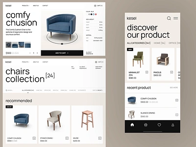 kesel furniture masterpiece - website & mobile app app cart chair checkout craft decoration ecommerce furniture home decor interior landing page market mobile app product shopping sofa ui ux website wood