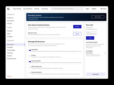 My account page account branding dashboard design detail orders preference product template wholesale