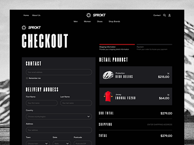 Sprokt Bike Marketplace - Checkout Page 🛒 bike shop bold design checkout checkout page dark dark theme design landing page marketplace order order page payment page shipping method shopify ui web web design website