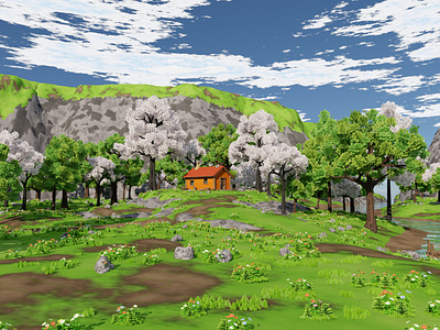 River Mountain Scene 3D model 3d 3dmodel art blender3d bridge cart cave environment exterior flower forest grass house landscape mountain plants river rocks tree warehouse