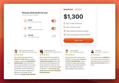 Pricing model - Good, Fast, Cheap. You can have only two of them framer interaction design landing page one page website one pager orange design pricing pricing optons pricing plans pricing section toggle ui design web design website design