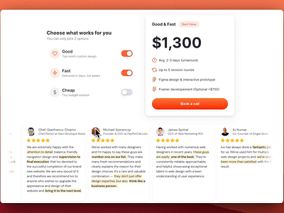 Pricing model - Good, Fast, Cheap. You can have only two of them framer interaction design landing page one page website one pager orange design pricing pricing optons pricing plans pricing section toggle ui design web design website design