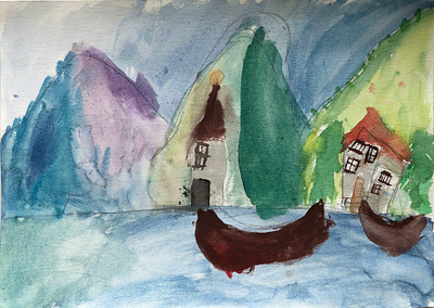 Village by the Mountain Lake illustration painting watercolor