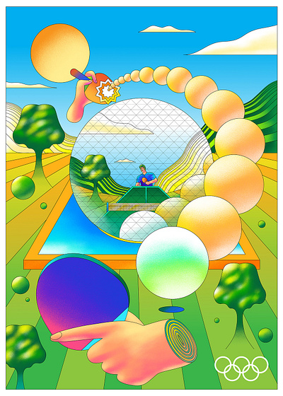 Table Tennis art direction design drawn fun graphic illustration illustrator landscape motion olympics poster psychedelic reflection retro shading sport surreal table tennis texture vector