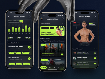 Workout Application android application dark deadlift exercise fitness glow gradient green gym health ios mobile profile progress statistic train uiux vektora workout