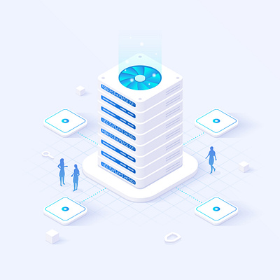 Isometric server room with people 3d blue business illustration illustration for app illustration for web isometric people server server equipment server room technology vector white