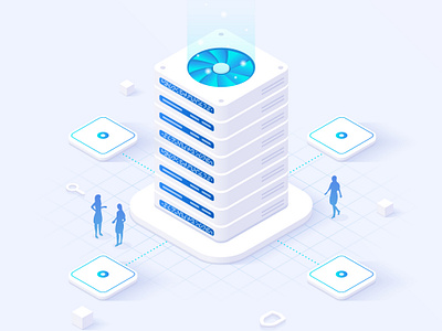 Isometric server room with people 3d blue business illustration illustration for app illustration for web isometric people server server equipment server room technology vector white