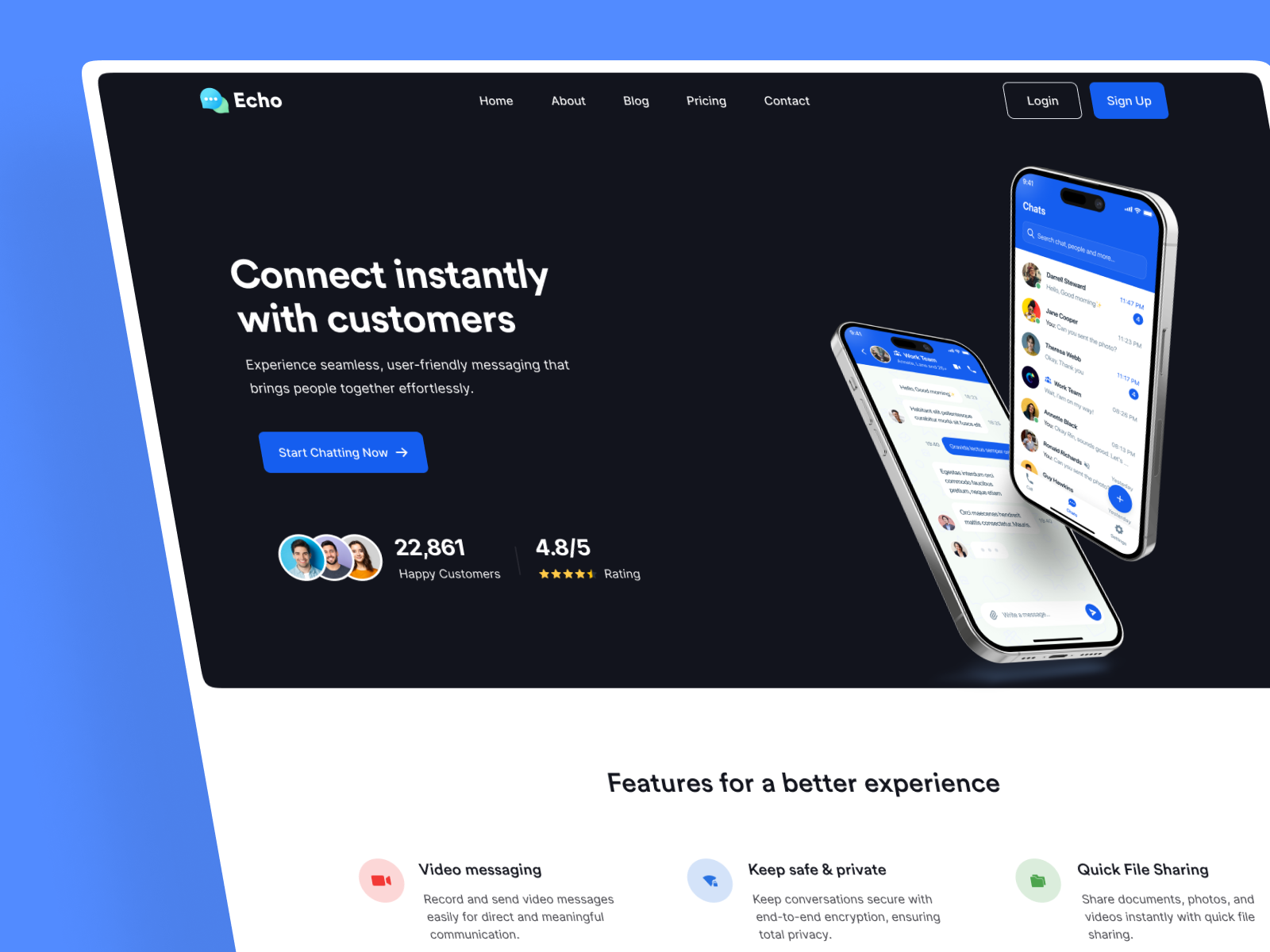 Chat App | Landing Page's Hero Section app landing page chat app chat app header chat app hero section chat app landing page dark mode figma file download free download freebie hero section mobile app hero section modern chat app modern chat app landing page ui ux web web design