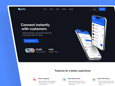 Chat App Landing Page's Hero Section app landing page chat app chat app header chat app hero section chat app landing page dark mode figma file download free download hero section landing page modern chat app landing page