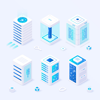 Isometric servers with electric blue accents blockchain business illustration for app for web future illustration isometric isometric illustration server set technology vector vector illustration