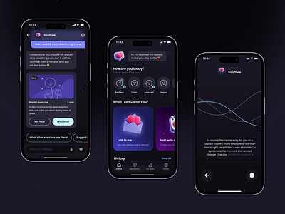 Mental Health and Sleep App ai app bot card design feel graphic design health illustration ios meditation mental mood ui