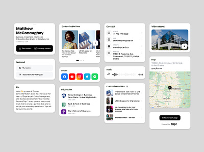 UI elements. Tapr UI. Build Better Connections. vCard about block branding delaware design business card digital business card digitalcard gallery minimalistic mobile app mobile design mobile profile page personal profile slider tapr tapr bio texas ui usa vcard web