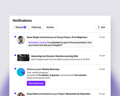 EdTech Notifications Section apple design design kit design system edtech ios mobile ui notification project purple saas section simple sleek startup student ui ux web design white