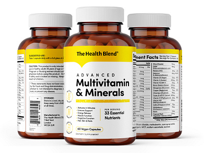 The Health Blend® Advanced Multivitamin & Minerals brand identity branding dietary supplement graphic design label label design multivitamin packaging packaging design product packaging supplement supplement label