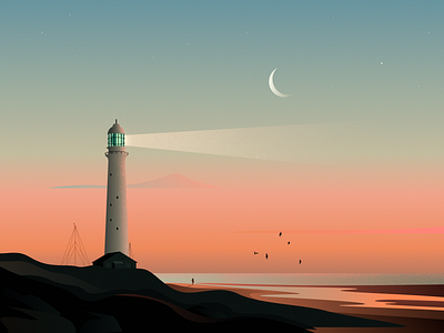Calmness 2d app colorpalette design dusk graphic design illustration landscape lighthouse meditation moon orange sea vector
