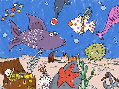 Hello Summer art beach cartoon digital illustration drawing fish holiday illustration magic ocean party playing procreate sea summer treasure undersea underwater verano water