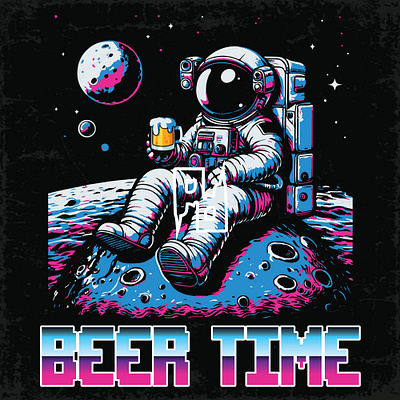 Astronaut Beer Time art astro astronaut beer brand branding cartoon character cloth clothes clothing color design graphic design illustration logo merch moon space tshirt