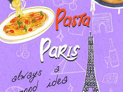 Pizza Pasta Paris always a good idea art colourful comic design digital eiffel tower fun greetings card illustration paris paris things pasta pizza poster posterart procreate travel whimsical