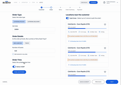 Cafe Burito Managing Large Catering Orders burito cafe catering catering orders crm crud dashboard delivery order erp large orders menu order management order splitting order type place order restaurants split order stores ui ux