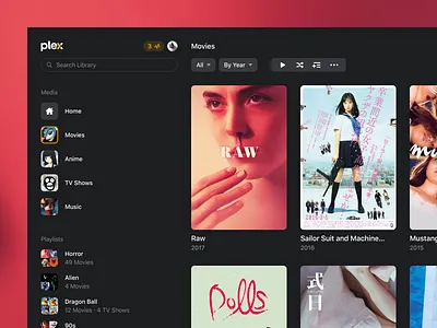 Plex redesign app clean dark grid movies plex product red sidebar ui ux