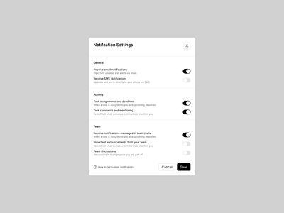 Notification settings be notified close design exploration email figma notification notification settings options product design receive save save changes sms toogle off toogle on turn on and off ui ux web web design