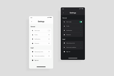 Settings page - light vs dark mode app design graphic design mobile app ui uiux