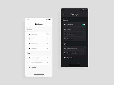 Settings page - light vs dark mode app design graphic design mobile app ui uiux