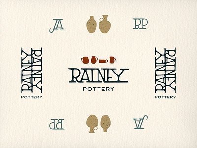 Rainey Pottery badge brand identity branding design hand illustration logo monogram mug pottery typography vase