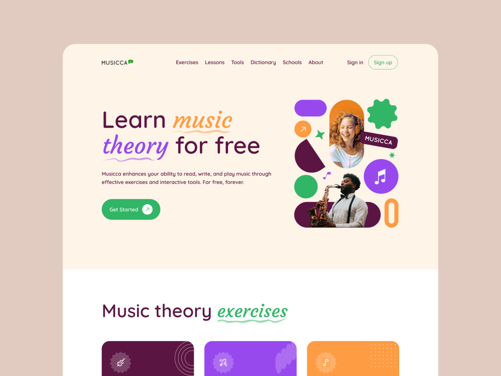 Homepage concept for music learning school collage concept design education exercises homepage illustration instrument landing learning light music music theory notes sapienix school style ui ux web