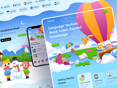 Laventure - Language Learning App Website 2d illustration design e learning app edu education education app graphic design hero section homepage illustration illustration kid education illustration website landing page online course school study ui vector web website