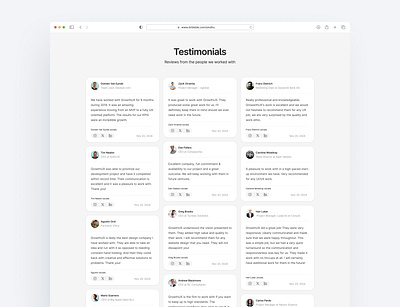 Testimonials page for a company site cleandesign cleanlayout cleanwebsite design designagency minimalisticdesign reviews testimonials testimonialspage ui uidesign uitrends usercentred userexperience userinterface ux uxdesign uxtrends uxui