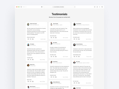 Testimonials page for a company site cleandesign cleanlayout cleanwebsite design designagency minimalisticdesign reviews testimonials testimonialspage ui uidesign uitrends usercentred userexperience userinterface ux uxdesign uxtrends uxui