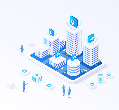 Isometric smart city. Street map on the mobile screen abstract blue building city future icons isometric map mobile people screen smart street vector