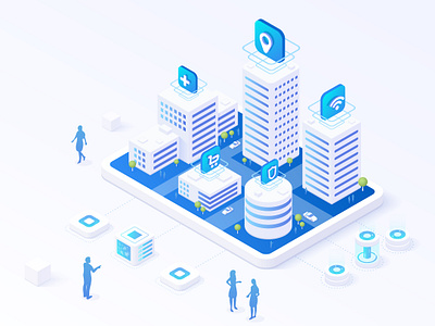 Isometric smart city. Street map on the mobile screen abstract blue building city future icons isometric map mobile people screen smart street vector