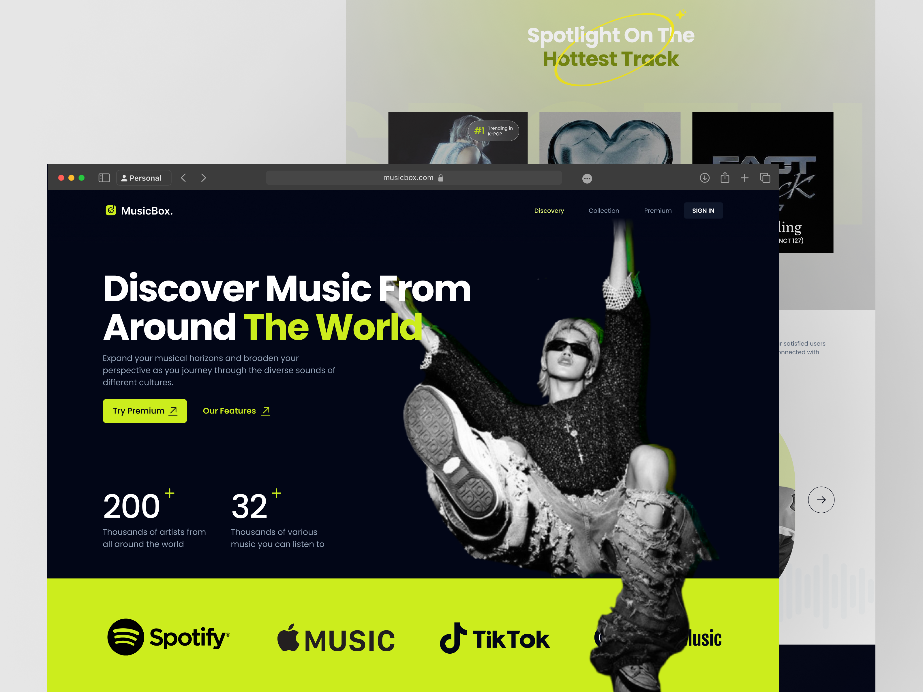 MusicBox Landing Page card design footer heading landing page music music player navbar testimonials ui ui ideas web design website