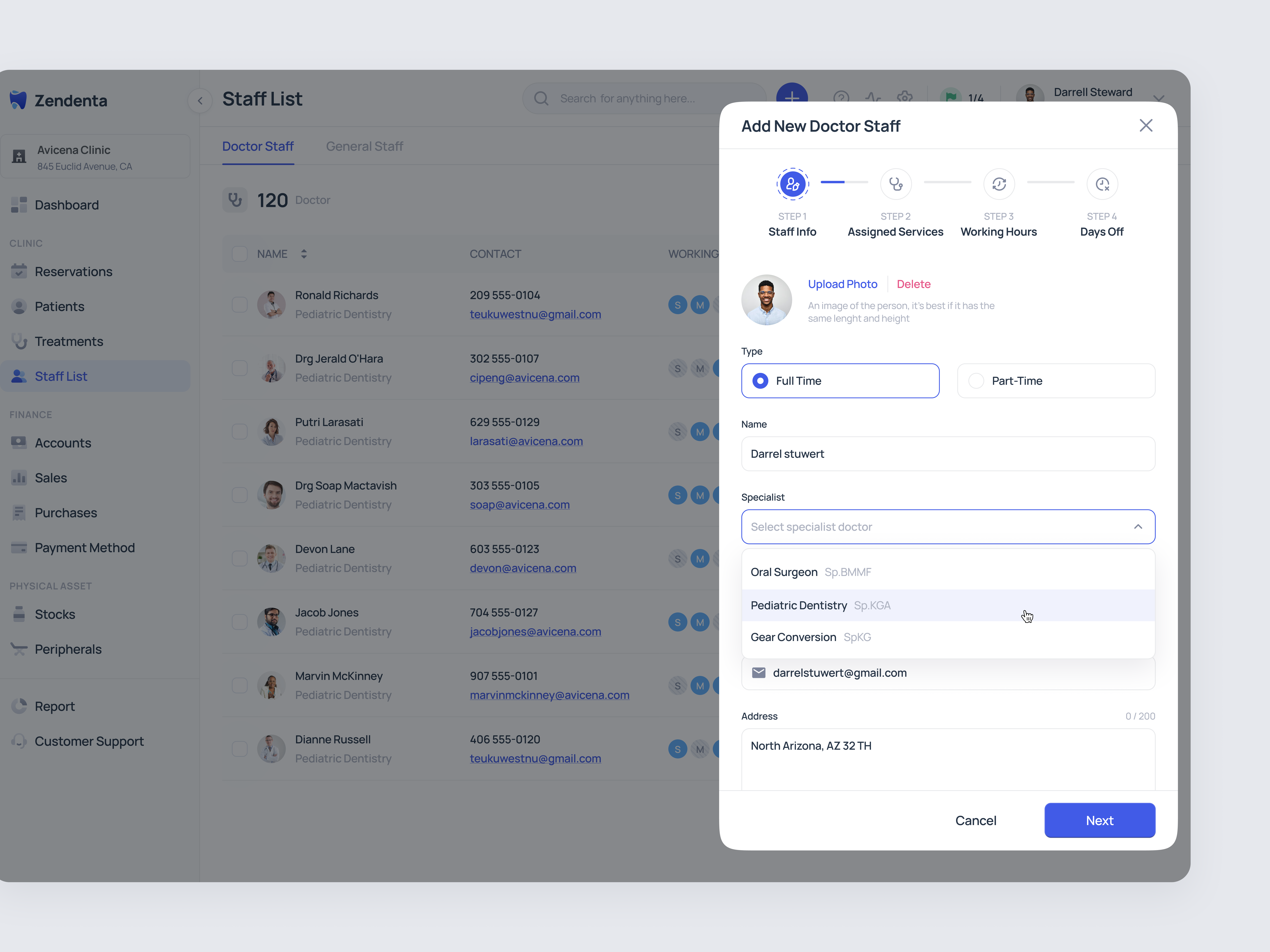 Zendenta - Add New Doctor Staff - SaaS of Dental Clinic add new doctor clinic crm dental clinic dentist ehr emr hospital management medical records product design saas saas dental saas design staff info ui ux web app web design